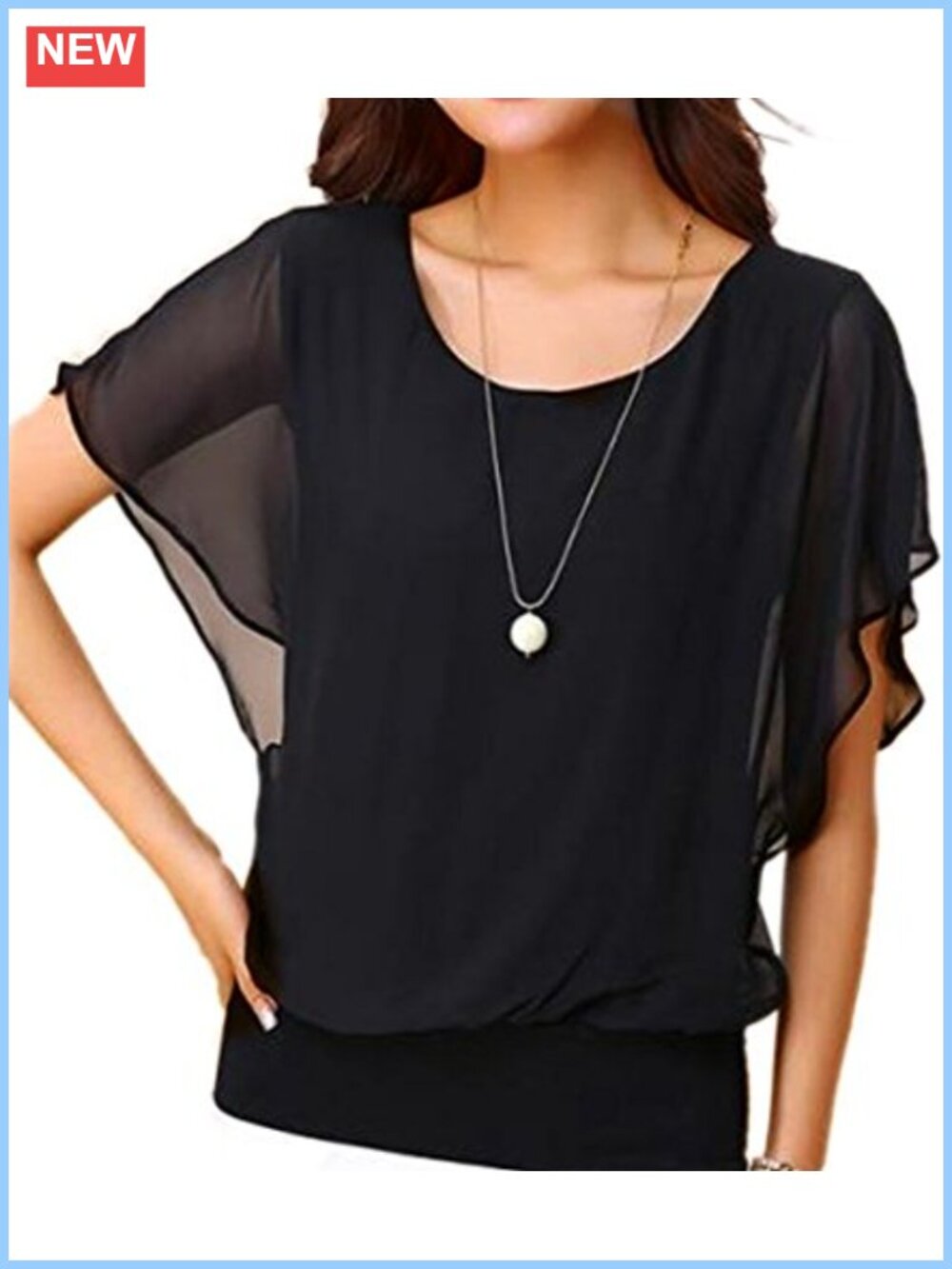 Women's Batwing Sleeve Chiffon Blouse Banded Hem Summer Top